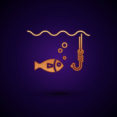 Koyu mavi arka plan üzerinde izole balık simgesi ile su altında Altın Balıkçılık kanca. Olta takımı. Vektör İllüstrasyonu
