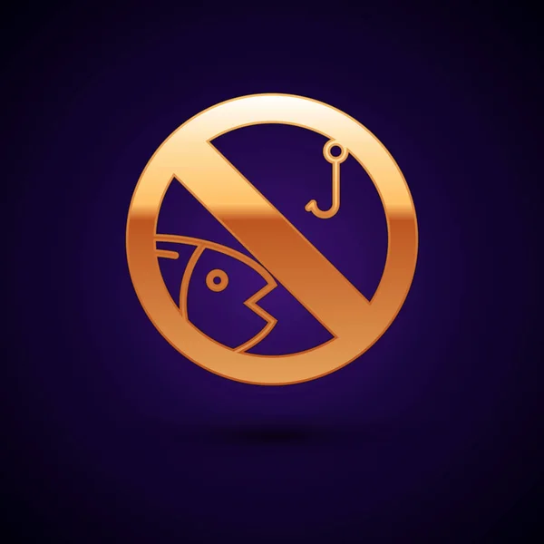 Oro No hay icono de pesca aislado sobre fondo azul oscuro. Signo de prohibición. Ilustración vectorial — Vector de stock