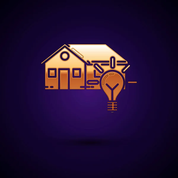 Gold Smart casa e lampadina icona isolata su sfondo blu scuro. Illustrazione vettoriale — Vettoriale Stock