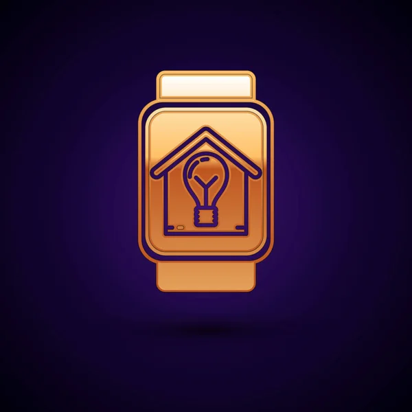 Orologio Gold Smart con casa intelligente e icona lampadina isolata su sfondo blu scuro. Illustrazione vettoriale — Vettoriale Stock