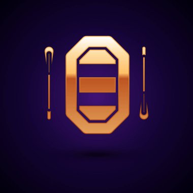 Altın Rafting tekne simgesi koyu mavi arka plan üzerinde izole. Kürekli şişme bot. Su sporları, ekstrem sporlar, tatil, tatil. Vektör İllüstrasyonu