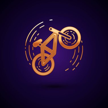 Altın Bisiklet hile simgesi koyu mavi arka plan üzerinde izole. Bisiklet yarışı. Ekstrem sporlar. Spor ekipmanları. Vektör İllüstrasyonu