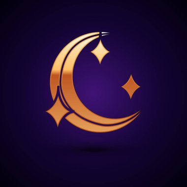 Altın Ay ve yıldızlar simgesi koyu mavi arka plan üzerinde izole. Vektör İllüstrasyonu