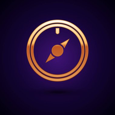 Altın Rüzgar koyu mavi arka plan izole gül simgesi. Seyahat için pusula simgesi. Navigasyon tasarımı. Vektör İllüstrasyonu