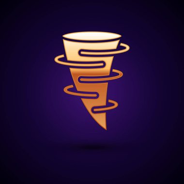 Altın Tornado simgesi koyu mavi arka plan üzerinde izole. Vektör İllüstrasyonu