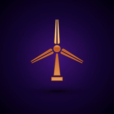 Altın Rüzgar türbin ikonu koyu mavi arka plan üzerinde izole. Rüzgar jeneratörü işareti. Yel değirmeni silueti. Elektrik enerjisi üretimi için yel değirmeni. Vektör İllüstrasyonu