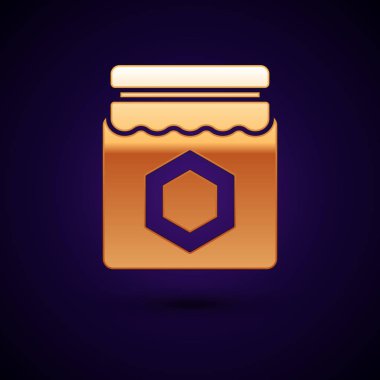 Altın Kavanoz bal simgesi koyu mavi arka plan üzerinde izole. Yemek bankası. Tatlı doğal gıda sembolü. Vektör İllüstrasyonu