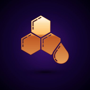 Altın Petek simgesi koyu mavi arka plan üzerinde izole. Bal hücreleri sembolü. Tatlı doğal yemekler. Vektör İllüstrasyonu