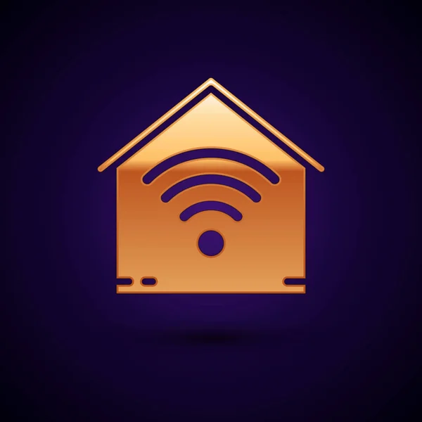 Gold Smart Home mit Wi-Fi-Symbol isoliert auf dunkelblauem Hintergrund. Fernbedienung. Vektorillustration — Stockvektor