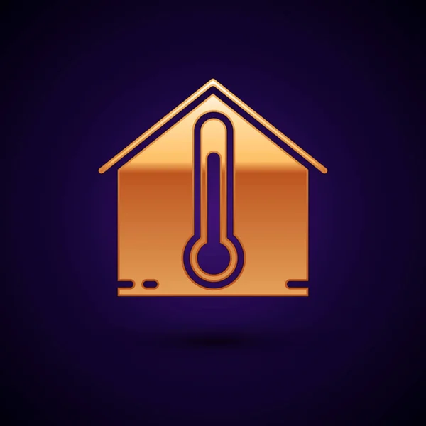 Icono de temperatura Gold House aislado sobre fondo azul oscuro. Icono del termómetro. Ilustración vectorial — Archivo Imágenes Vectoriales