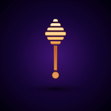 Altın Bal dipper sopa simgesi koyu mavi arka plan üzerinde izole. Bal kepçesi. Vektör İllüstrasyonu