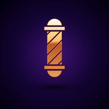 Altın Klasik Berber dükkan kutup simgesi koyu mavi arka plan izole. Berber dükkanı direği sembolü. Vektör İllüstrasyonu