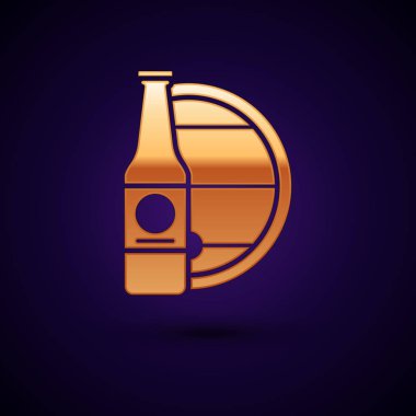 Altın Bira şişesi ve ahşap varil simgesi koyu mavi arka plan izole. Vektör İllüstrasyonu