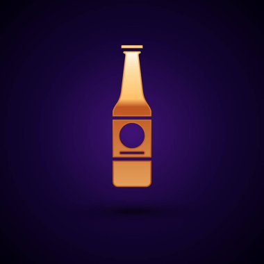 Altın Bira şişe simgesi koyu mavi arka plan izole. Vektör İllüstrasyonu