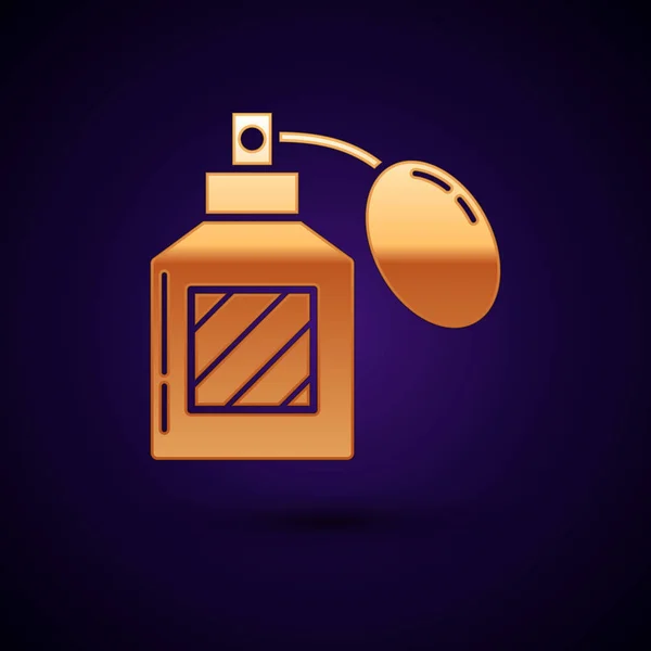 Gouden aftershave icoon geïsoleerd op donker blauwe achtergrond. Keulen spray icoon. Mannelijke parfum fles. Vector illustratie — Stockvector