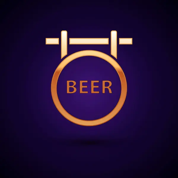 Gouden straat bord met opschrift bier icoon geïsoleerd op donker blauwe achtergrond. Geschikt voor advertenties Bar, café, pub, restaurant. Vector illustratie — Stockvector