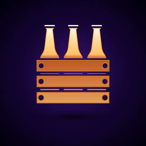 Altın Paketi bira şişeleri simgesi koyu mavi arka plan üzerinde izole. Tahta kutu ve bira şişeleri. Kasa kasa bira kutusu tabelası. Vektör İllüstrasyonu — Stok Vektör