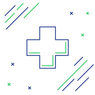 Mavi ve yeşil çizgi Cross hastane tıbbi simgesi beyaz arka plan üzerinde izole. İlk yardım. Teşhis sembolü. İlaç ve eczane tabelası. Renkli anahat konsepti. Vektör İllüstrasyonu