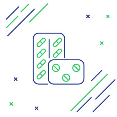 Beyaz arka planda izole blister paketi simgesi mavi ve yeşil çizgi Pills. Tablet, vitamin, antibiyotik, aspirin için tıbbi ilaç paketi. Renkli anahat konsepti. Vektör İllüstrasyonu