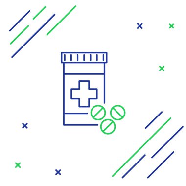 Mavi ve yeşil çizgi Tıp şişe ve hap simgesi beyaz arka plan üzerinde izole. Şişe hapı işareti. Eczane tasarımı. Renkli anahat konsepti. Vektör İllüstrasyonu