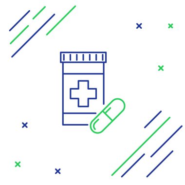 Mavi ve yeşil çizgi Tıp şişe ve hap simgesi beyaz arka plan üzerinde izole. Şişe hapı işareti. Eczane tasarımı. Renkli anahat konsepti. Vektör İllüstrasyonu