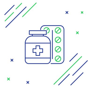 Mavi ve yeşil çizgi Tıp şişe ve hap simgesi beyaz arka plan üzerinde izole. Şişe hapı işareti. Eczane tasarımı. Renkli anahat konsepti. Vektör İllüstrasyonu