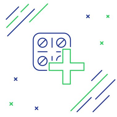 Beyaz arka planda izole blister paketi simgesi mavi ve yeşil çizgi Pills. Tablet, vitamin, antibiyotik, aspirin için tıbbi ilaç paketi. Renkli anahat konsepti. Vektör İllüstrasyonu