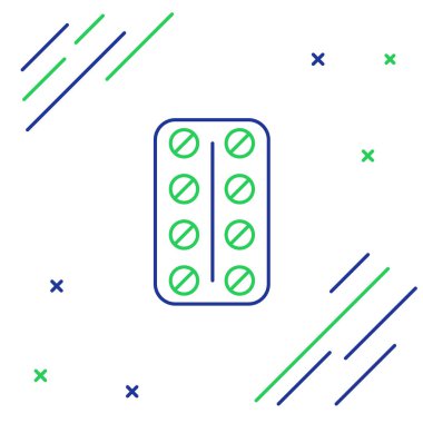 Beyaz arka planda izole blister paketi simgesi mavi ve yeşil çizgi Pills. Tablet, vitamin, antibiyotik, aspirin için tıbbi ilaç paketi. Renkli anahat konsepti. Vektör İllüstrasyonu