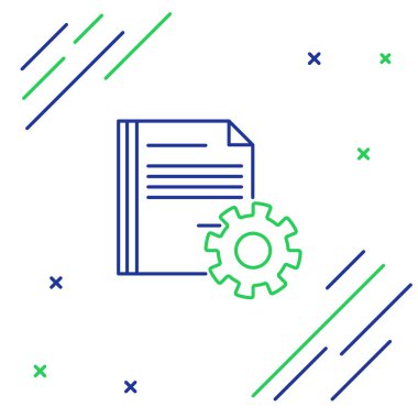 Mavi ve yeşil çizgi Beyaz arka planda yalıtılmış dişlisimgesiolan belge ayarları. Yazılım güncellemesi, transfer protokolü, takım çalışması araç yönetimi. Renkli anahat konsepti. Vektör İllüstrasyonu