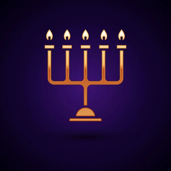 Ouro Hanukkah ícone menorah isolado no fundo azul escuro. Símbolo tradicional Hanukkah. Religião de férias, festival judaico de Luzes. Ilustração vetorial —  Vetores de Stock