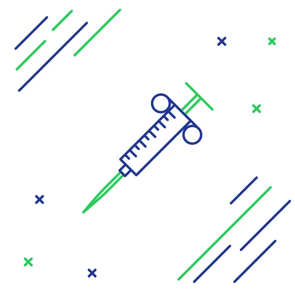 Blauwe en groene lijn spuit pictogram geïsoleerd op witte achtergrond. Spuit voor vaccin, vaccinatie, injectie, griep schot. Medische apparatuur. Kleurrijk overzichts concept. Vector illustratie — Stockvector