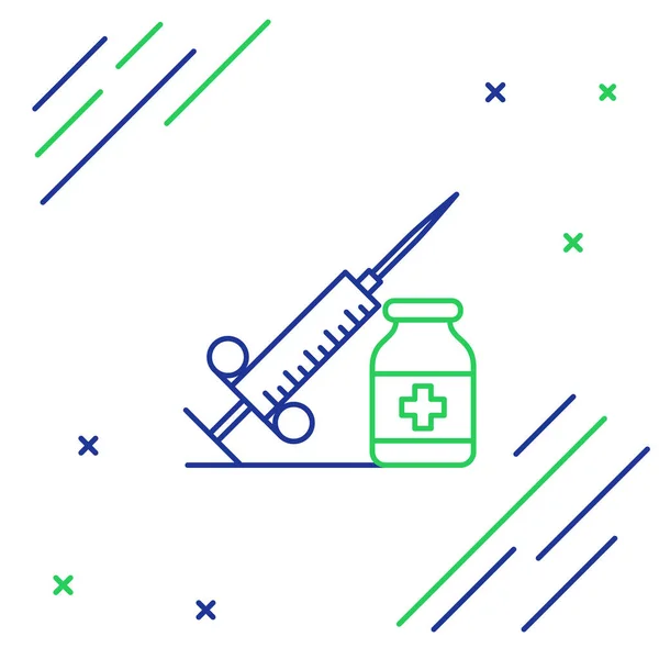 蓝色和绿色线 医疗注射器与针和小瓶或安培图标隔离在白色背景。疫苗接种、注射、疫苗、胰岛素概念。五颜六色的轮廓概念。矢量插图 — 图库矢量图片
