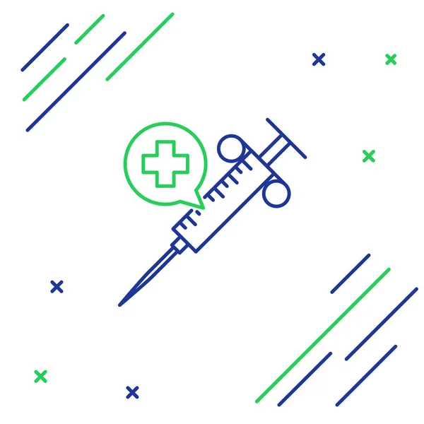 Синяя и зеленая линия Медицинский шприц с иконкой на белом фоне. Вакцинация, инъекции, вакцина, инсулин. Красочная концепция контура. Векторная миграция — стоковый вектор