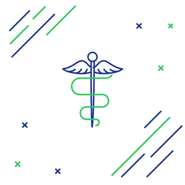 Línea azul y verde Icono de símbolo médico de serpiente Caduceus aislado sobre fondo blanco. Medicina y salud. Emblema para farmacia o medicina, farmacia. Concepto de esquema colorido. Ilustración vectorial — Archivo Imágenes Vectoriales