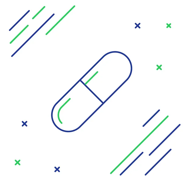 Línea azul y verde Medicina píldora o tableta icono aislado sobre fondo blanco. Cápsula de píldora y signo de drogas. Diseño de farmacia. Concepto de esquema colorido. Ilustración vectorial — Vector de stock