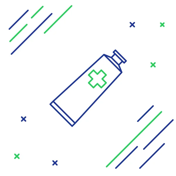 青と緑のラインのointmentクリームチューブの薬のアイコンは、白い背景に分離しました。チューブ、容器、歯磨き粉、クリームサイン。カラフルなアウトラインコンセプト。ベクトルイラストレーション — ストックベクタ
