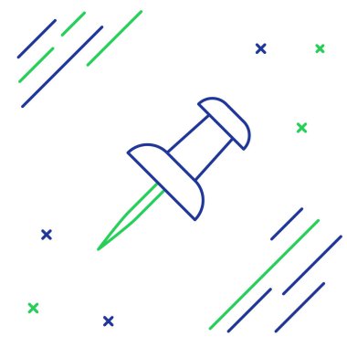 Mavi ve yeşil çizgi Beyaz arka planda yalıtılmış pim simgesipush. Raptiyeler işareti. Renkli anahat konsepti. Vektör İllüstrasyonu