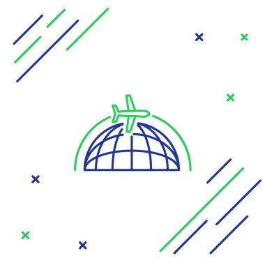 Beyaz arka plan üzerinde izole uçan uçak simgesi ile mavi ve yeşil çizgi Globe. Uçak dünya gezegeninin etrafında uçar. Uçak dünya simgesi. Renkli anahat konsepti. Vektör İllüstrasyonu