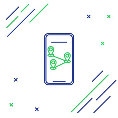 Mavi ve yeşil çizgi Beyaz arka planda yalıtılmış şehir haritası navigasyon simgesinin Bilgi Grafiği. Mobil App Interface konsept tasarımı. Geolamcation kavramı. Renkli anahat konsepti. Vektör İllüstrasyonu