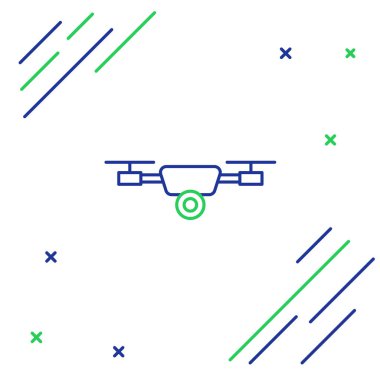 Mavi ve yeşil çizgi Drone beyaz arka plan üzerinde izole aksiyon video kamera simgesi ile uçan. Video ve fotoğraf makinesi sembolü ile Quadrocopter. Renkli anahat konsepti. Vektör İllüstrasyonu
