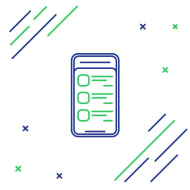 Mavi ve yeşil hat Beyaz arka planda cep telefonu simgesi online alışveriş. Online satın alma. Internet mağazası, mobil mağaza uygulaması ve ödemeler faturalandırma. Renkli anahat konsepti. Vektör İllüstrasyonu