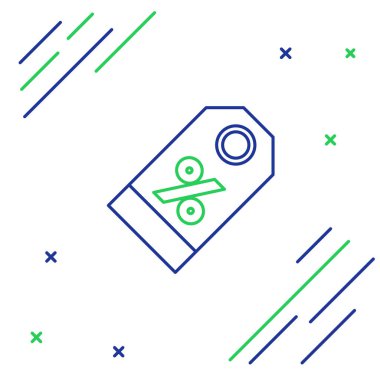 Mavi ve yeşil çizgi Beyaz arka planda yalıtılmış yüzde etiket simgesi İndirim. Alışveriş etiketi işareti. Özel teklif işareti. İndirim kuponları sembolü. Renkli anahat konsepti. Vektör İllüstrasyonu