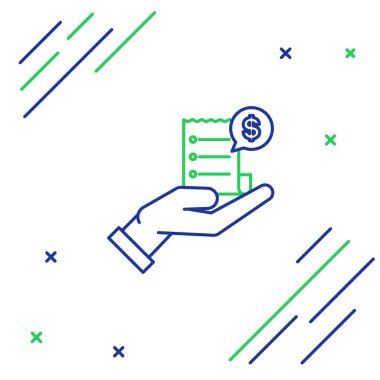 Mavi ve yeşil çizgi Beyaz arka planda yalıtılmış ödeme simgesi için boş makbuz veya fatura ile tutan insan el. Bankacılık ve iş operasyonları. Renkli anahat konsepti. Vektör İllüstrasyonu