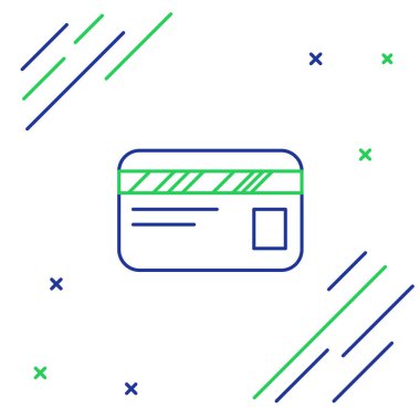 Mavi ve yeşil çizgi Kredi kartı simgesi beyaz arka planda yalıtılmış. Online ödeme. Nakit para çekme. Finansal operasyonlar. Alışveriş tabelası. Renkli anahat konsepti. Vektör İllüstrasyonu