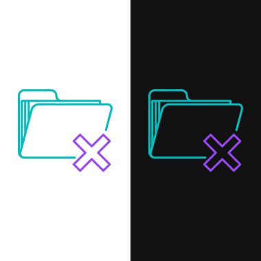 Yeşil ve mor çizgi Beyaz ve siyah arka planda yalıtılmış klasör simgesini silin. Geri dönüşüm kutusu ile klasör. Silme veya hata klasörü. Bilgisayar bilgileri klasörünü kapatın. Vektör İllüstrasyonu