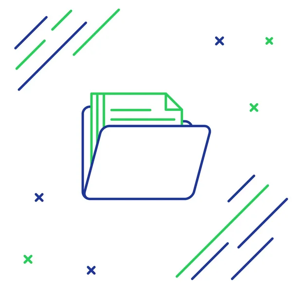 Niebieska i zielona linia ikona folderu dokumentu na białym tle. Symbol spinacza księgowego. Zarządzanie Księgowość. Kolorowa koncepcja konturu. Ilustracja wektorowa — Wektor stockowy