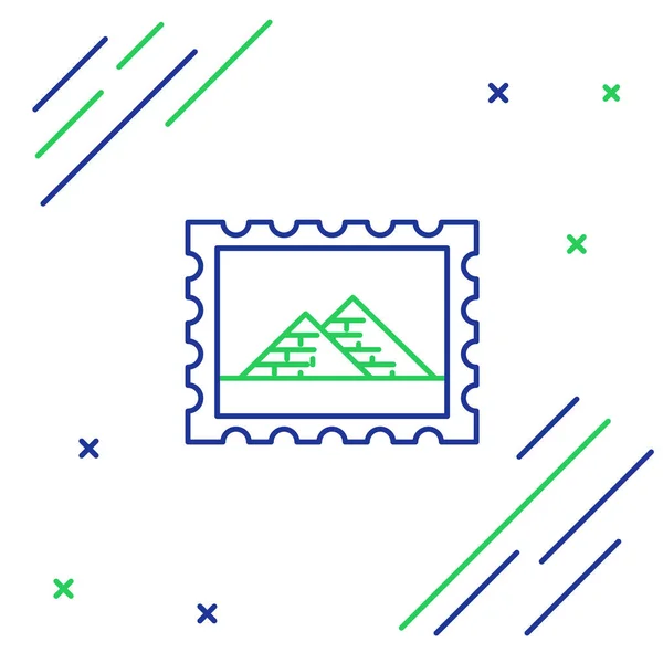 Linha azul e verde Carimbo postal e ícone pirâmides Egito isolado no fundo branco. Conceito de esboço colorido. Ilustração vetorial —  Vetores de Stock