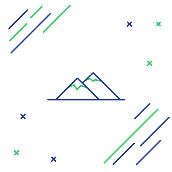 Linea blu e verde Icona delle montagne isolata su sfondo bianco. Simbolo di vittoria o concetto di successo. Concetto di contorno colorato. Illustrazione vettoriale — Vettoriale Stock