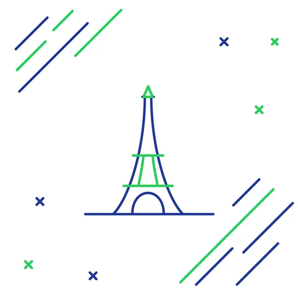 Ícone Torre Eiffel linha azul e verde isolado no fundo branco. França Paris símbolo de referência. Conceito de esboço colorido. Ilustração vetorial — Vetor de Stock