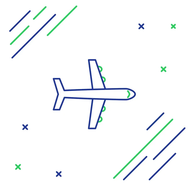 Ligne bleue et verte Icône avion isolé sur fond blanc. Icône avion volant. Panneau d'avion de ligne. Concept de contour coloré. Illustration vectorielle — Image vectorielle